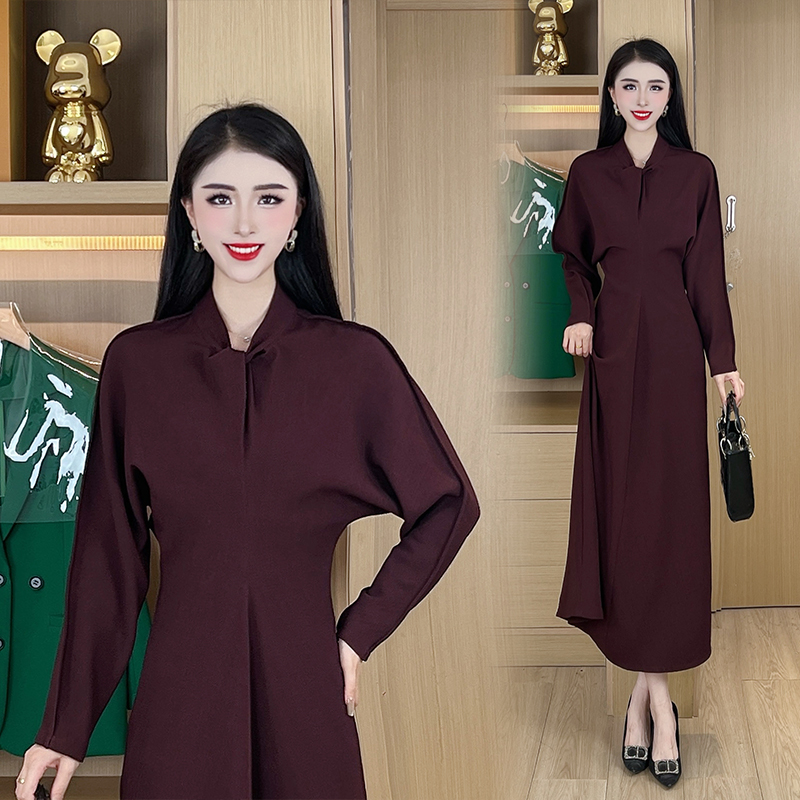 设计感高腰打褶长袖连衣裙气质收腰蝙蝠袖打底内搭外穿长裙DY106