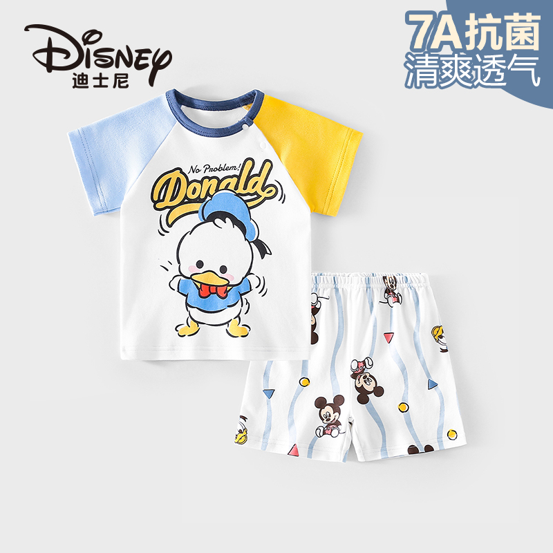 Disney/迪士尼儿童短袖套装夏季纯棉T恤裤子套装宝宝分体套装卡通