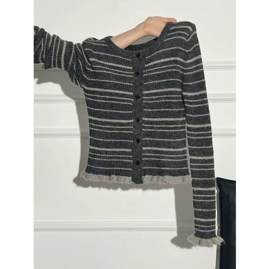 新款美式复古设计感木耳边拼接长袖条纹针织开衫L1806