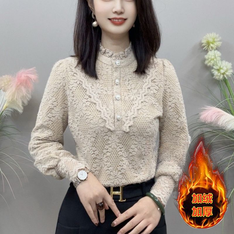 连帽蕾丝蕾丝打底衫秋冬新款长袖百搭加绒加厚女士保暖带帽上衣