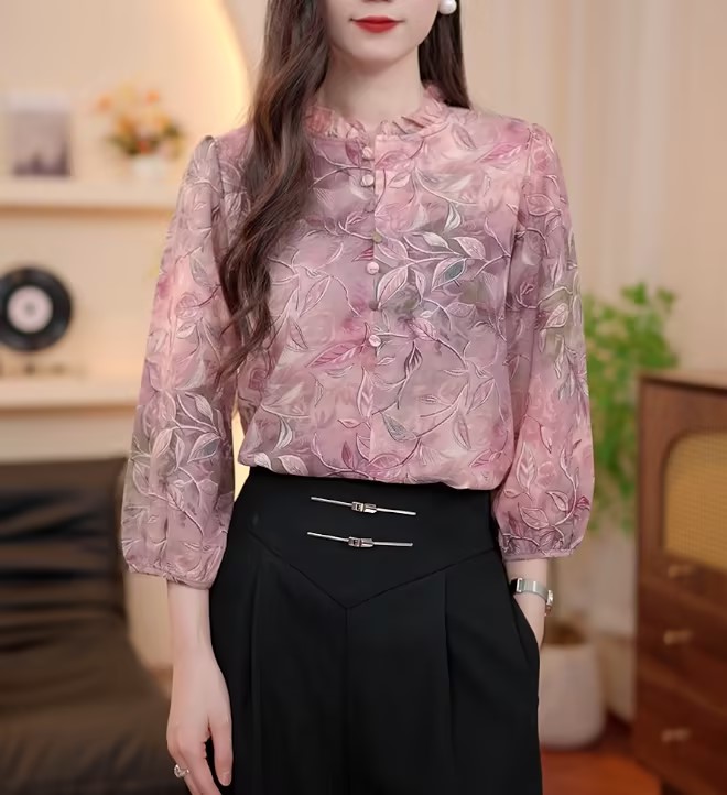 【LL】夏季新款木耳边气质减龄圆领设计感显瘦衬衫