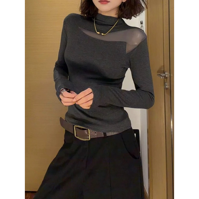 秋冬新款半高领网纱【加绒锁温】修身显瘦打底衫T恤气质百搭女上衣