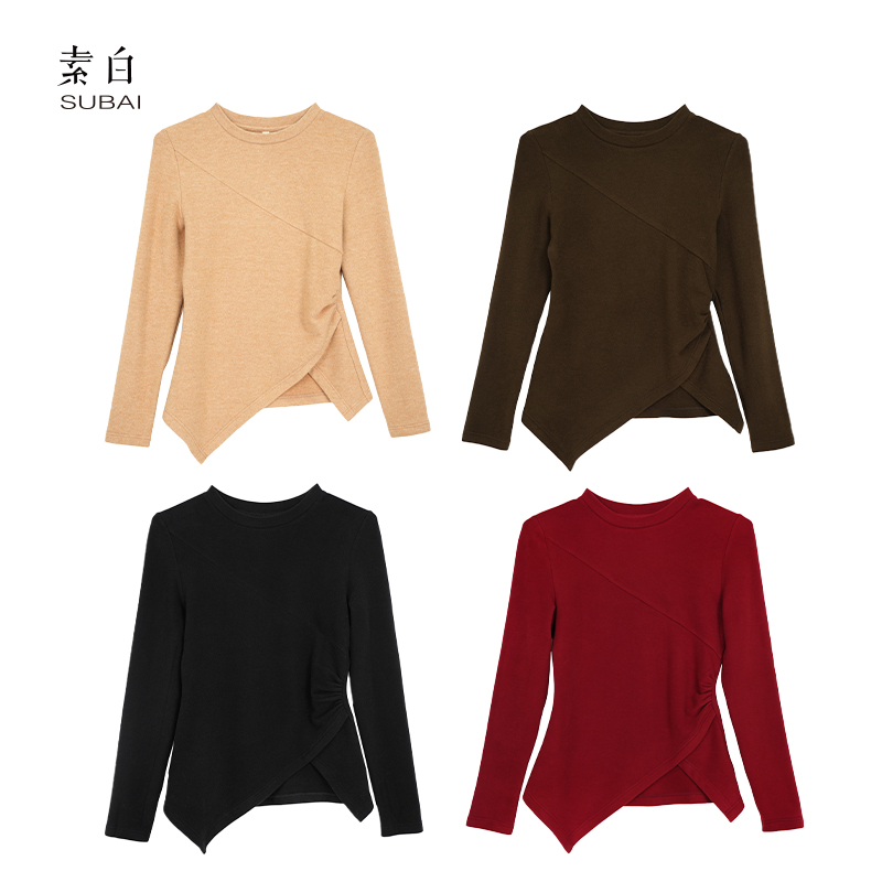 素白【暖阳】S00306德绒不规则圆领套头舒适长袖打底衫