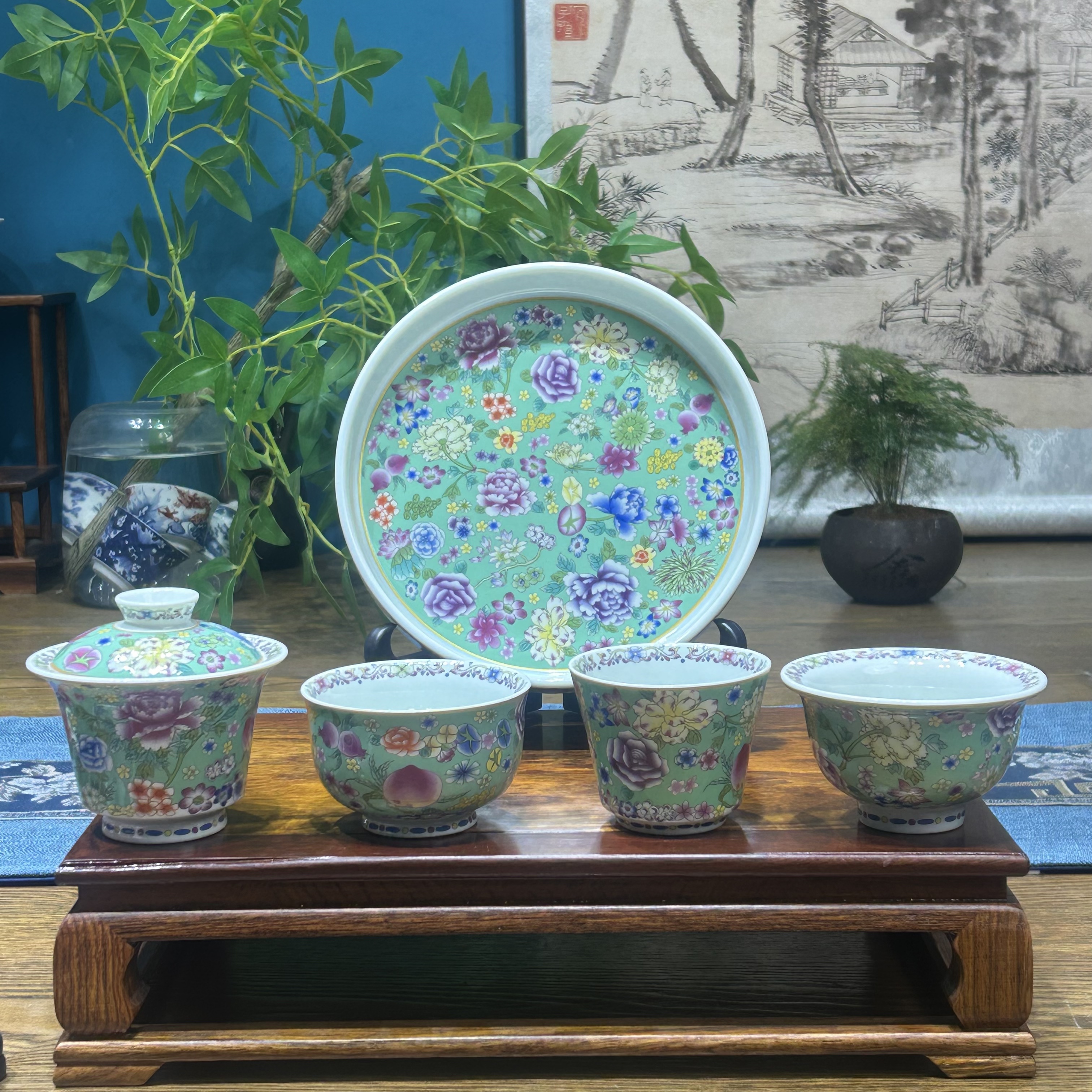 景德镇陶瓷珐琅彩绿底万花图5件套茶具套组整套茶器家用高端茶器