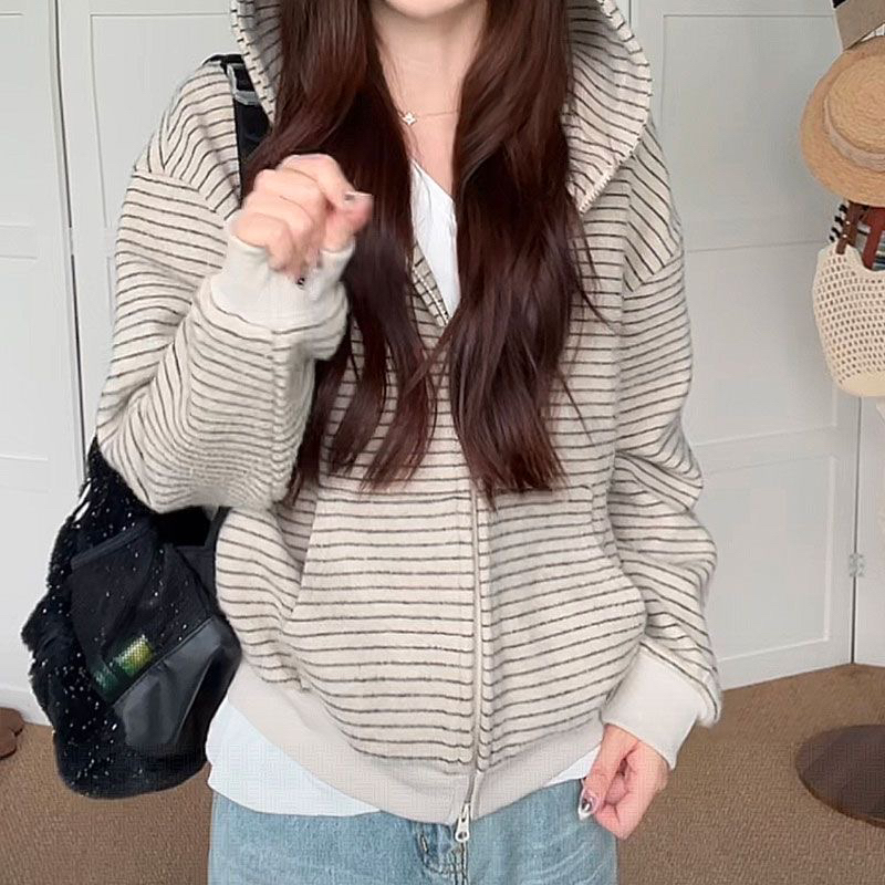 怡尔家条纹秋冬开衫连帽短款拉链宽松常规早秋常规款卫衣