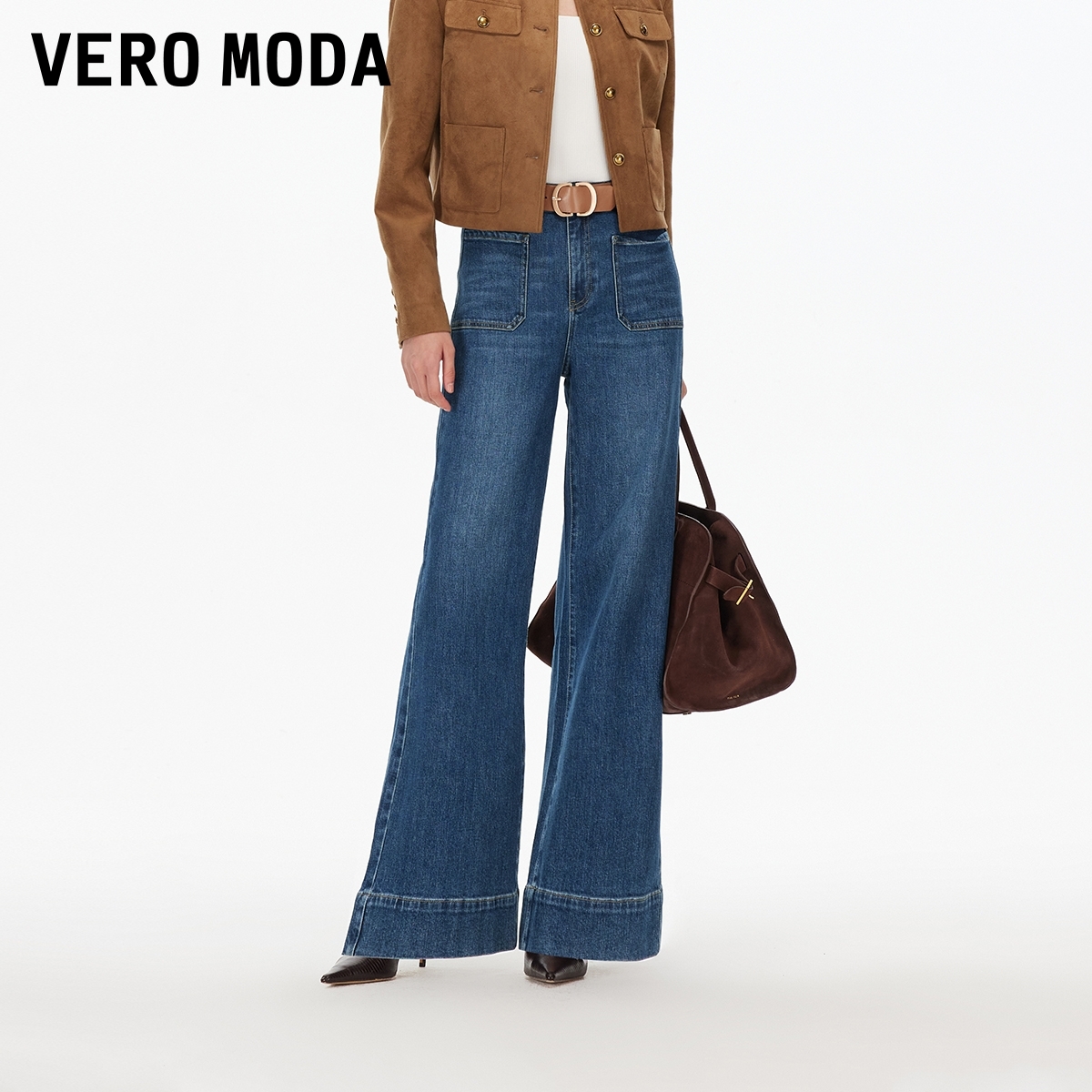 Vero Moda牛仔裤2025秋新款含棉高腰假口袋阔腿裤复古百搭松弛感