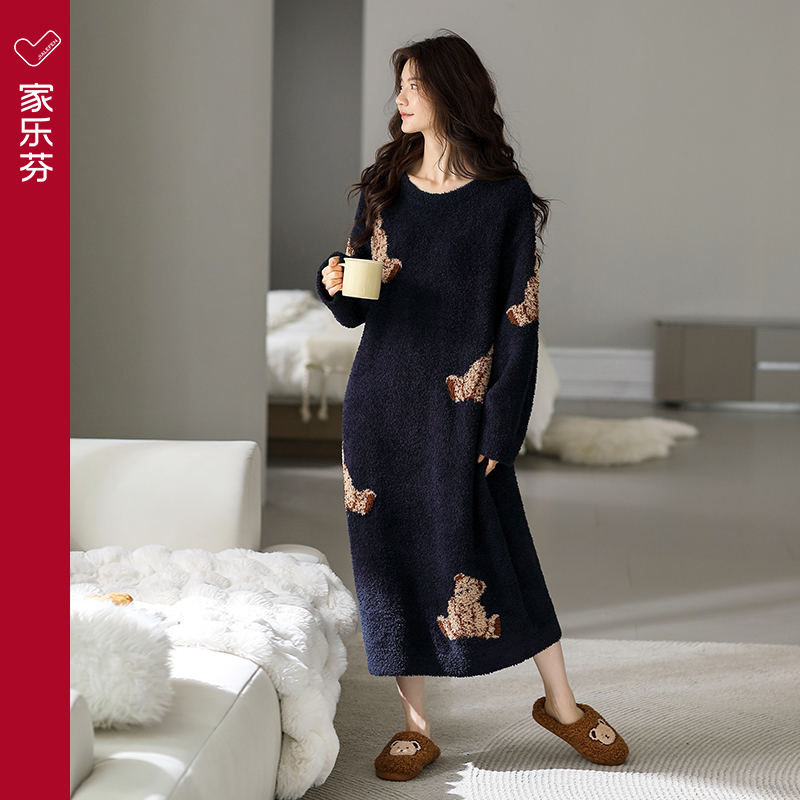家乐芬睡裙女款睡衣秋冬季半边绒软绵绵珊瑚绒加厚加绒家居服大码
