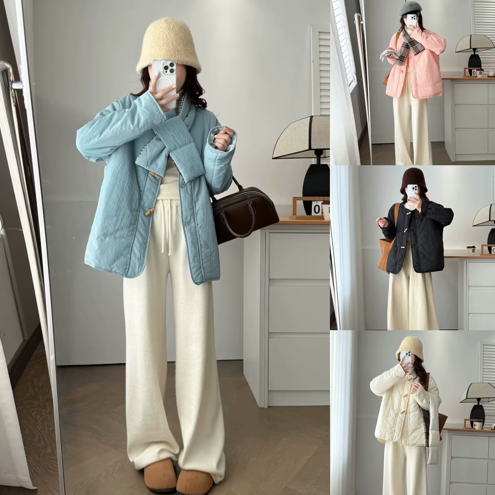 大码女装牛角扣棉衣格子围巾两件套2025年秋冬季新款加厚棉服外套