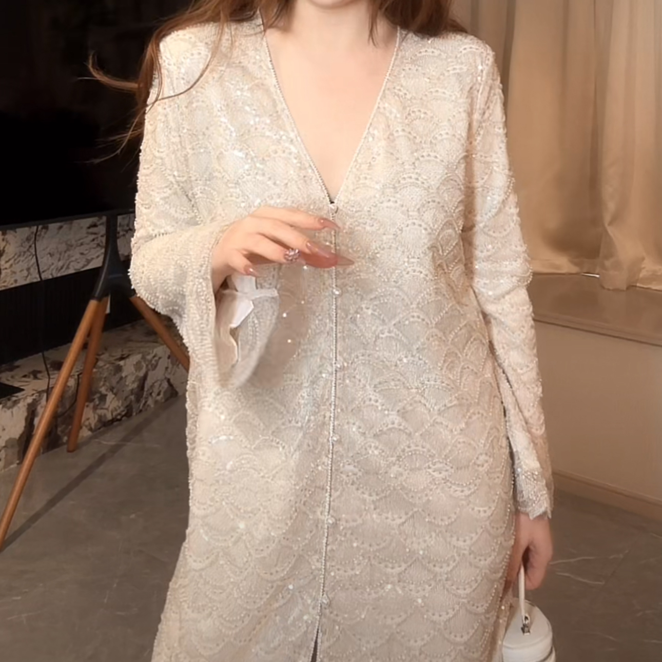 【奢也】重工法师时尚设计师款钉珠质感奢华开衫连衣裙