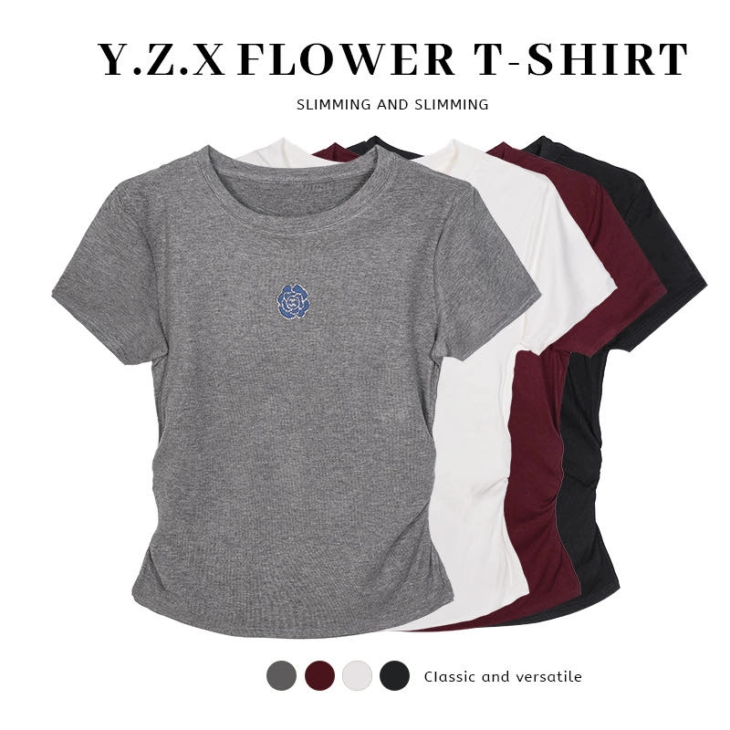 母亲节礼物 烫钻康.乃.馨时尚山茶花收腰短袖女款百搭神器