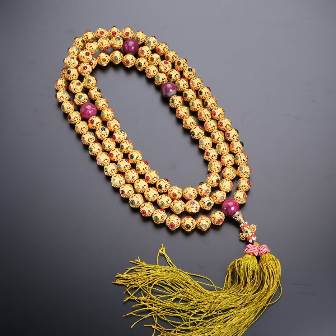 《博古文物》-银鎏金-嵌宝石念珠-Xx-250115