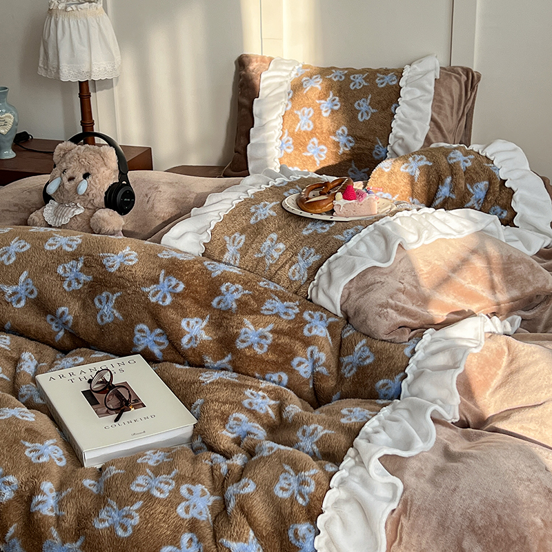 冬季少女心花边四件套泡芙绒套件柔软亲肤保暖加厚宿舍床单品套件
