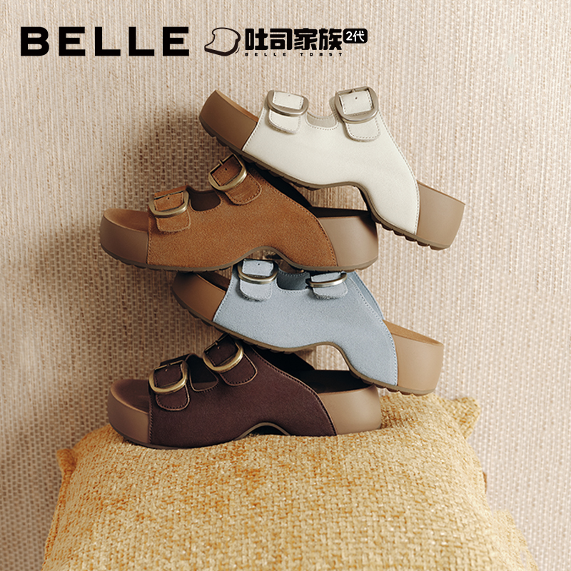 人鱼生巧吐司百丽复古皮带扣勃肯鞋女26夏新凉鞋厚底拖鞋B3087BT6商品图