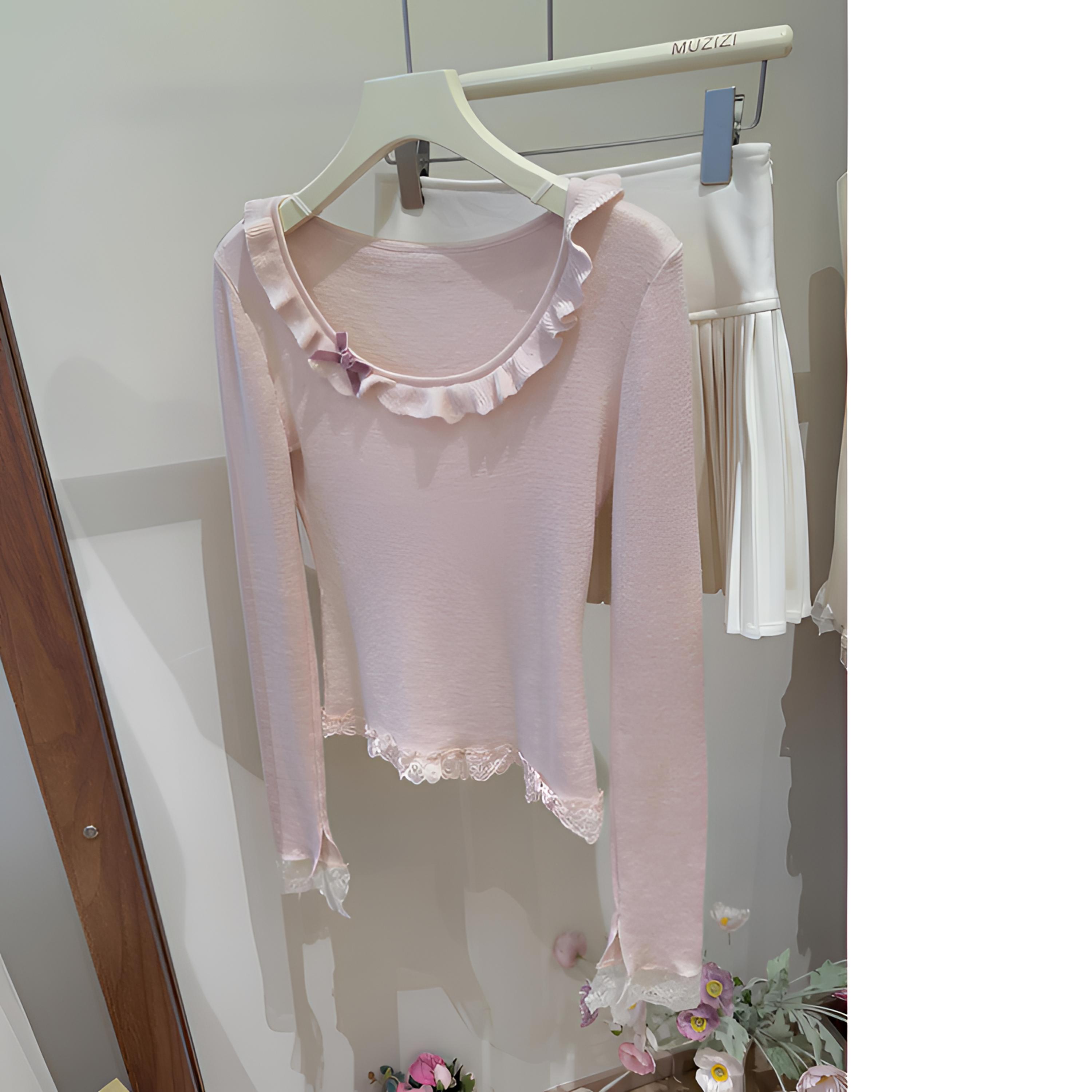 【X.MO】#1087温柔减龄气质小女人蝴蝶结蕾丝针织长袖