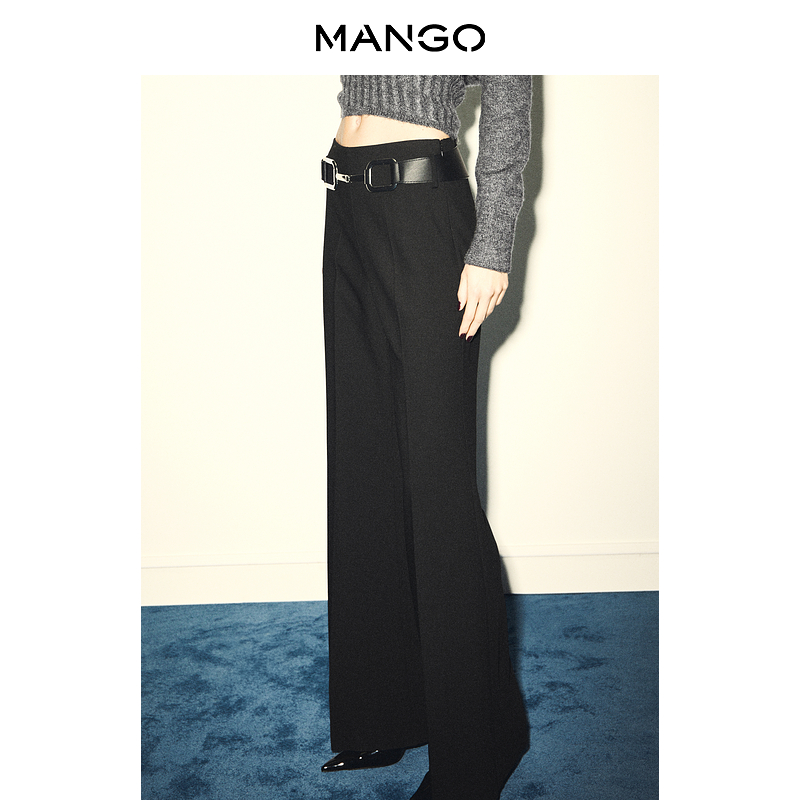 MANGO女装裤子2025冬装新款通勤高腰微喇拖地腰带装饰休闲长裤