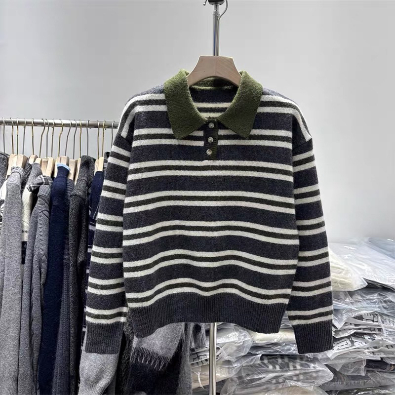 邹先森101-30条纹polo领女秋冬新款宽松显瘦百搭纽扣毛衣韩系简约