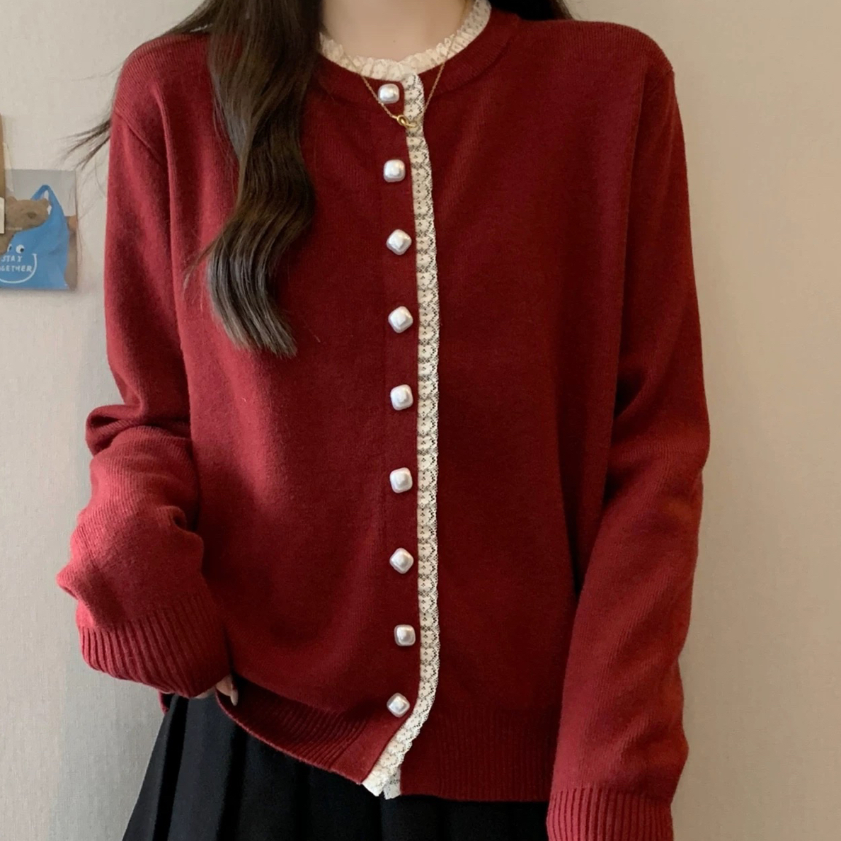 新款小香风蕾丝花边针织开衫毛衣外套秋冬百搭打底衫女