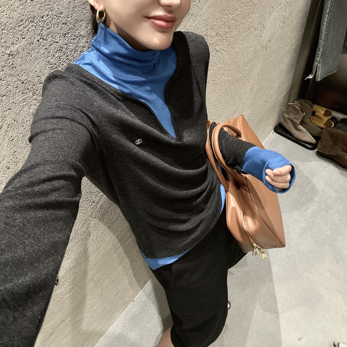 有货爆米花#259097秋冬福利高品质竹节棉羊绒假两件上衣，衣：59cm