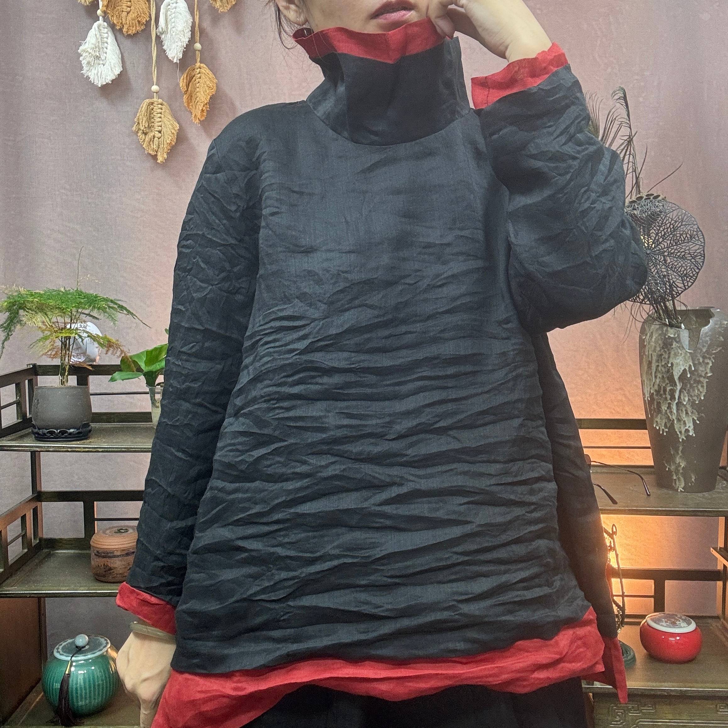 910苎麻秋款假两件双层时尚休闲宽松拼色长袖女衫