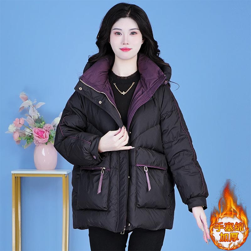 轻奢小众高级感连帽棉服女冬季2025新款加厚休闲短款拼色时尚外套