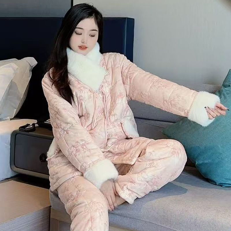 新款冬季加厚保暖三层夹棉睡衣女士套装甜美可爱休闲可外穿家居服