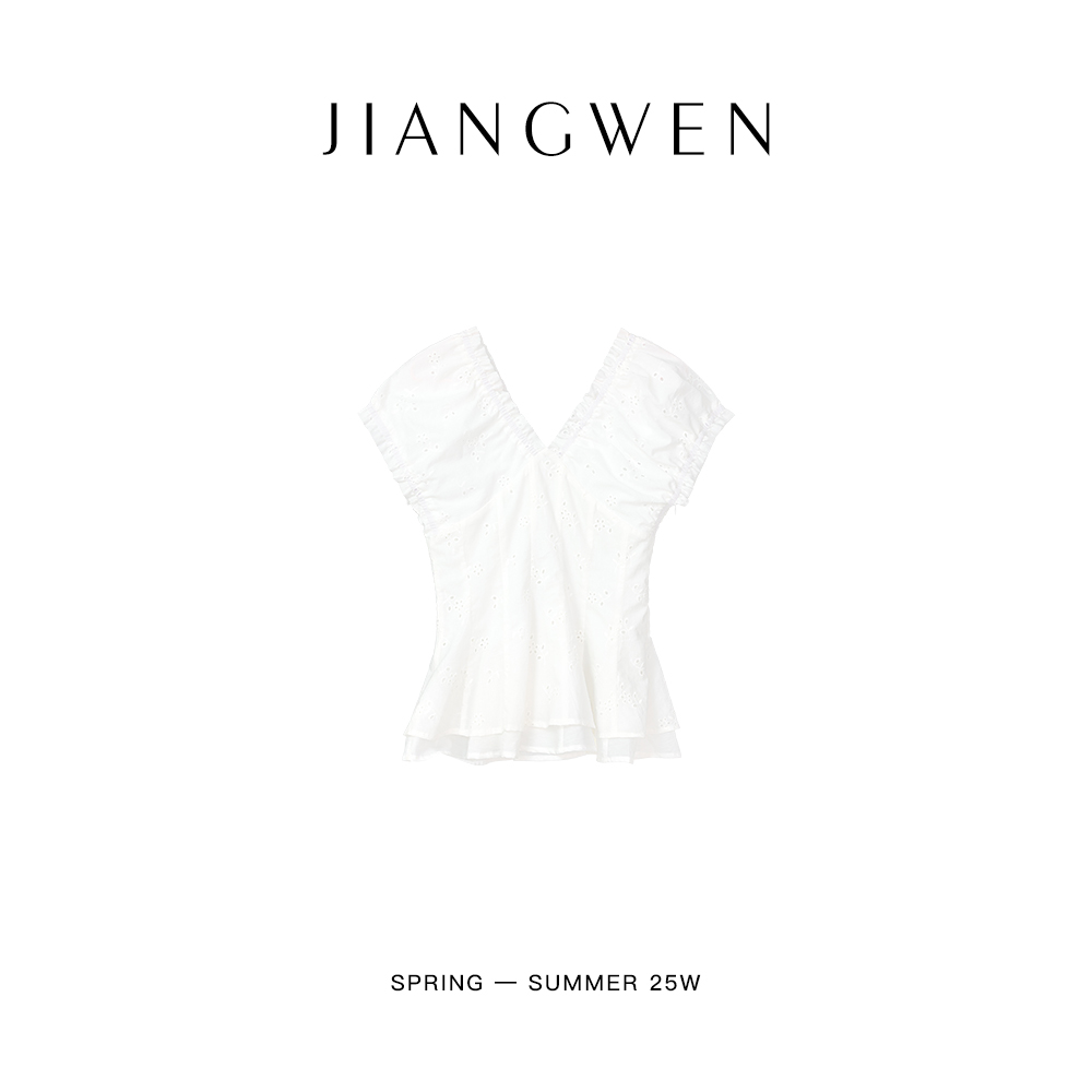 小清新设计感褶皱V领泡泡袖衬衫