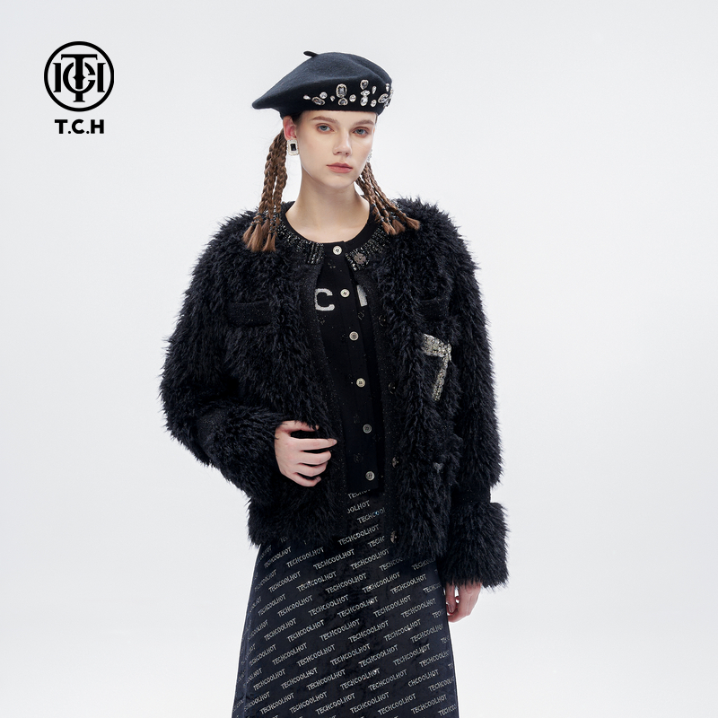 TCH轻奢烫钻工艺环保时尚气质名媛毛呢外套女T72D056010tch