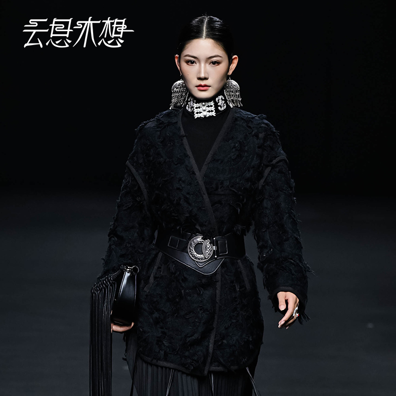 Ysimo-X云思木想 花好月圆 织带包边立体剪花黑色秋冬外套12218