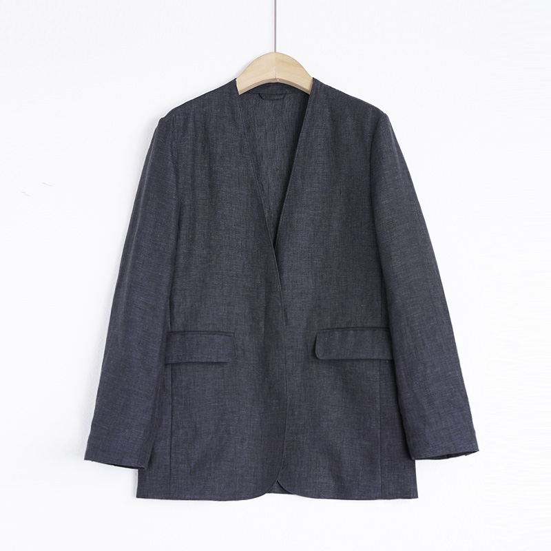 天青灰色织100%亚麻复古女士西装（250857）