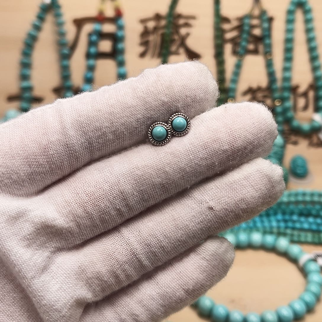 绿松石耳钉银S925镶嵌