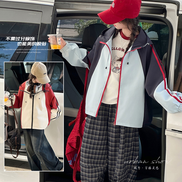 2025中大童风衣运动风秋季拼色春季外套时尚套装拉链撞色女童套装