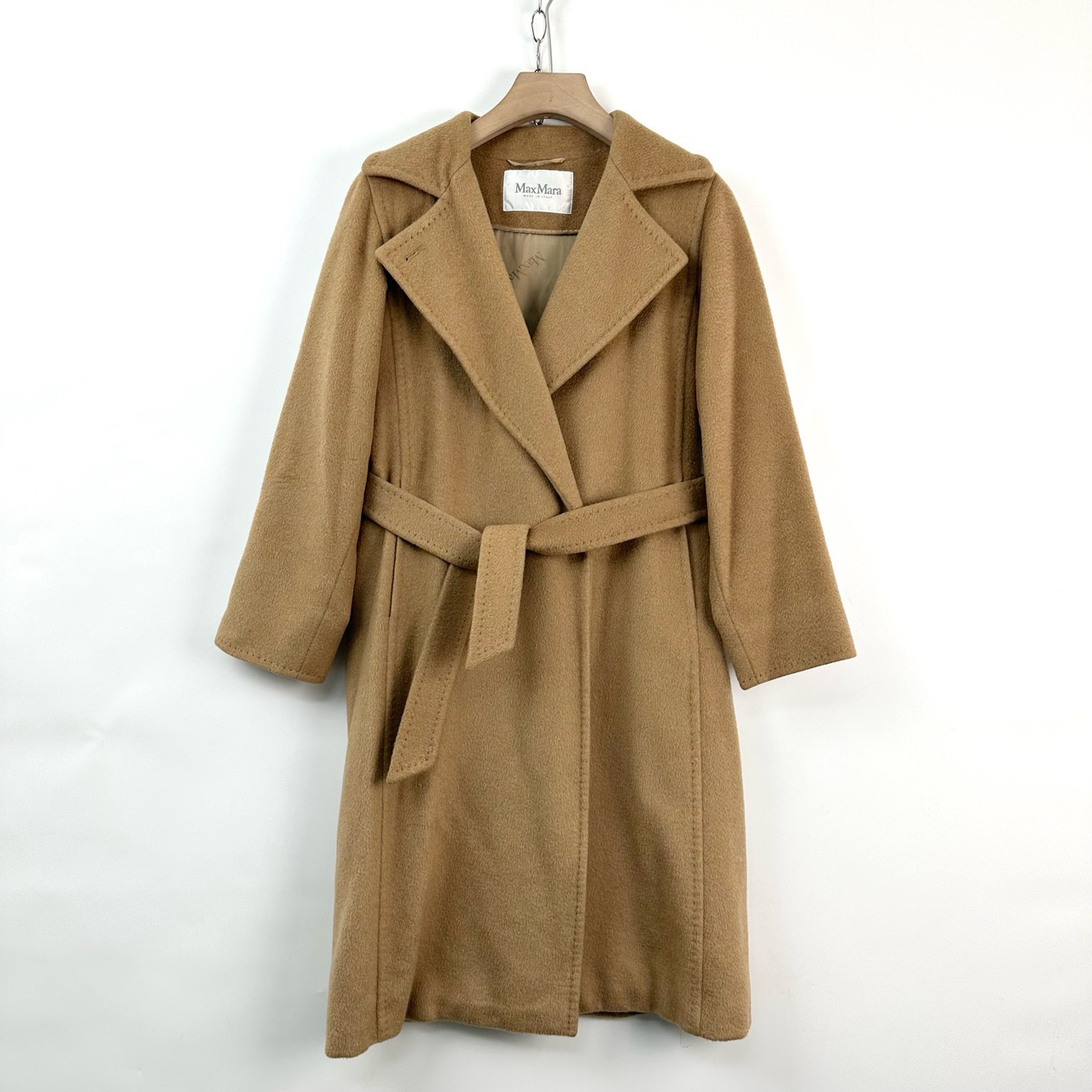 95新 MaxMara 34码/经典腰带款驼色翻领大衣/瑕疵/06419