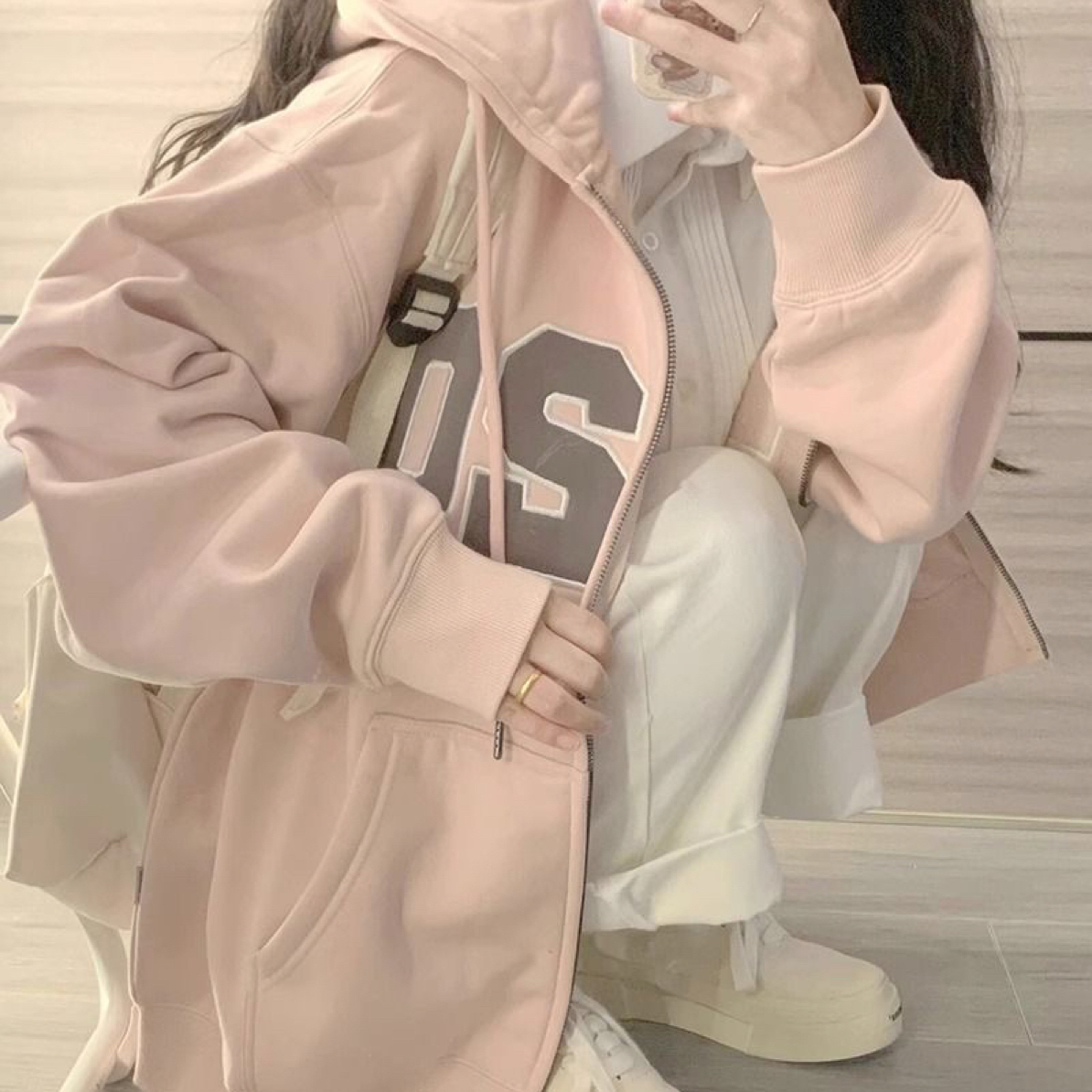 100%纯棉加绒韩系慵懒风连帽卫衣休闲女秋冬宽松chic拉链开衫外套