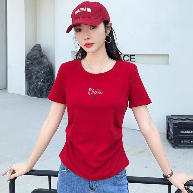 25070款褶皱刺绣时尚百搭显瘦短袖T恤女设计感小众洋气减龄上衣