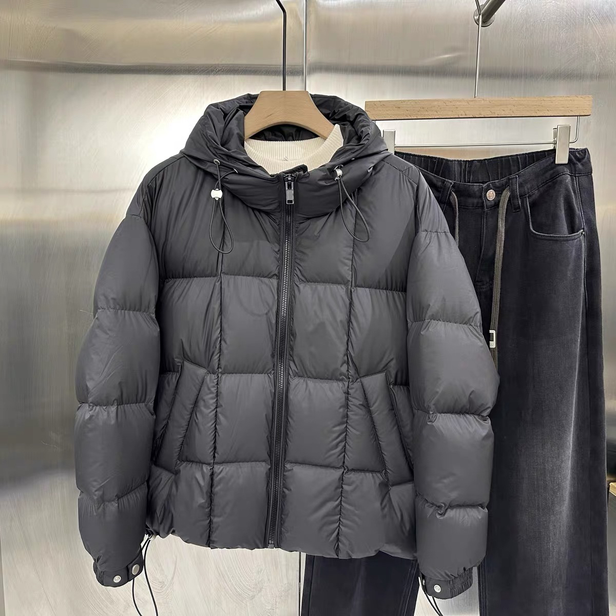 冬季新款90绒加厚连帽保暖外套男士简约百搭蓬松休闲时尚保暖外套
