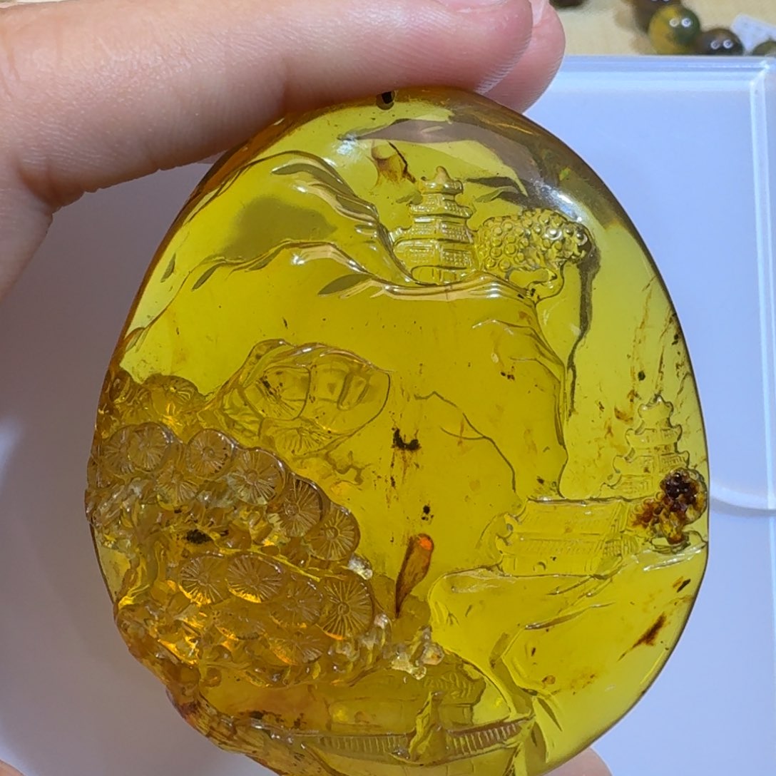 琥珀珠宝奇石未镶嵌绿茶植物意境山水吊坠