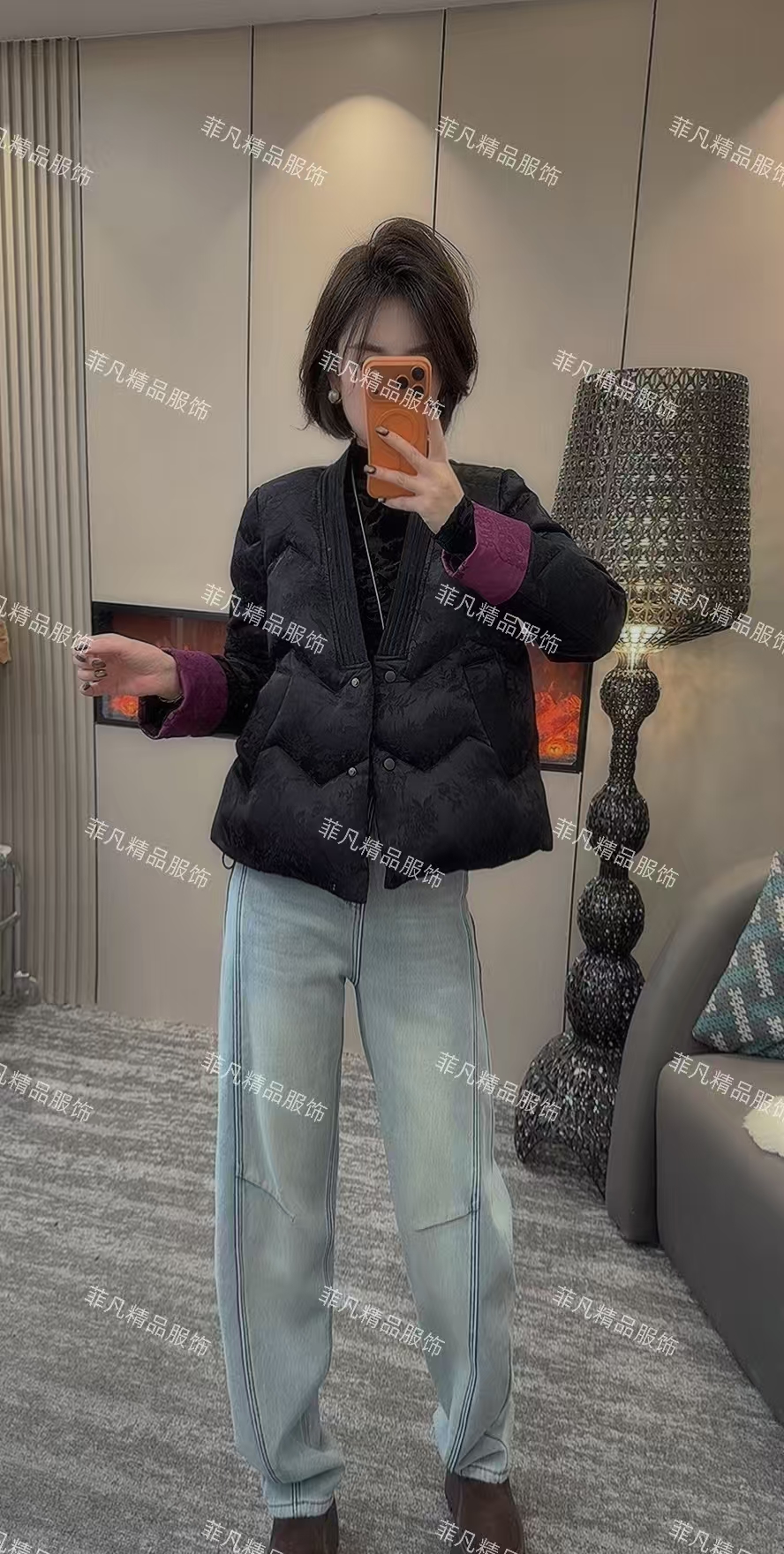 【菲凡】9909欧货新款时尚V领拼接提花加厚羽绒服