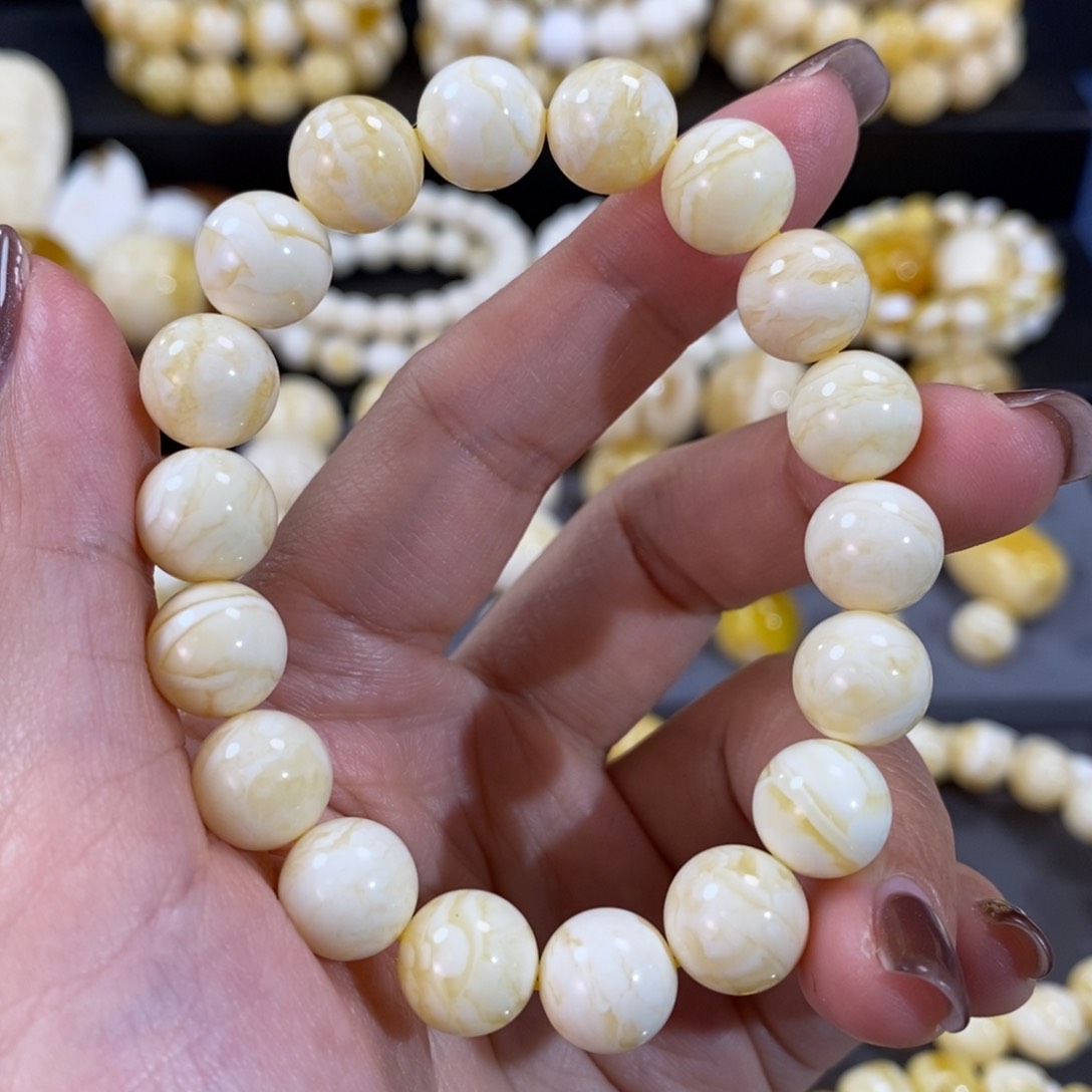 蜜蜡手串未镶嵌10.5mm+瓷白浓蜡虎皮手串