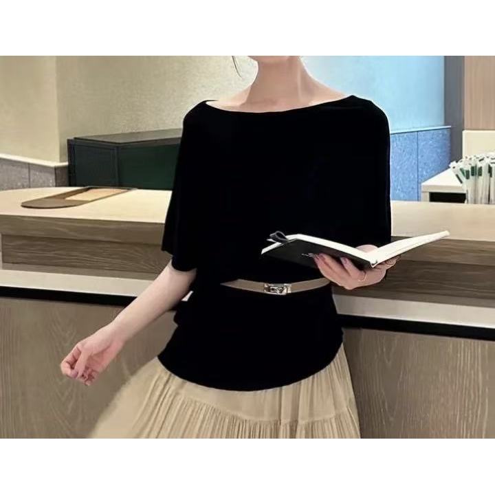 （小不点）法式气质通勤感精致百搭宽松冰凉可斜肩上衣9935