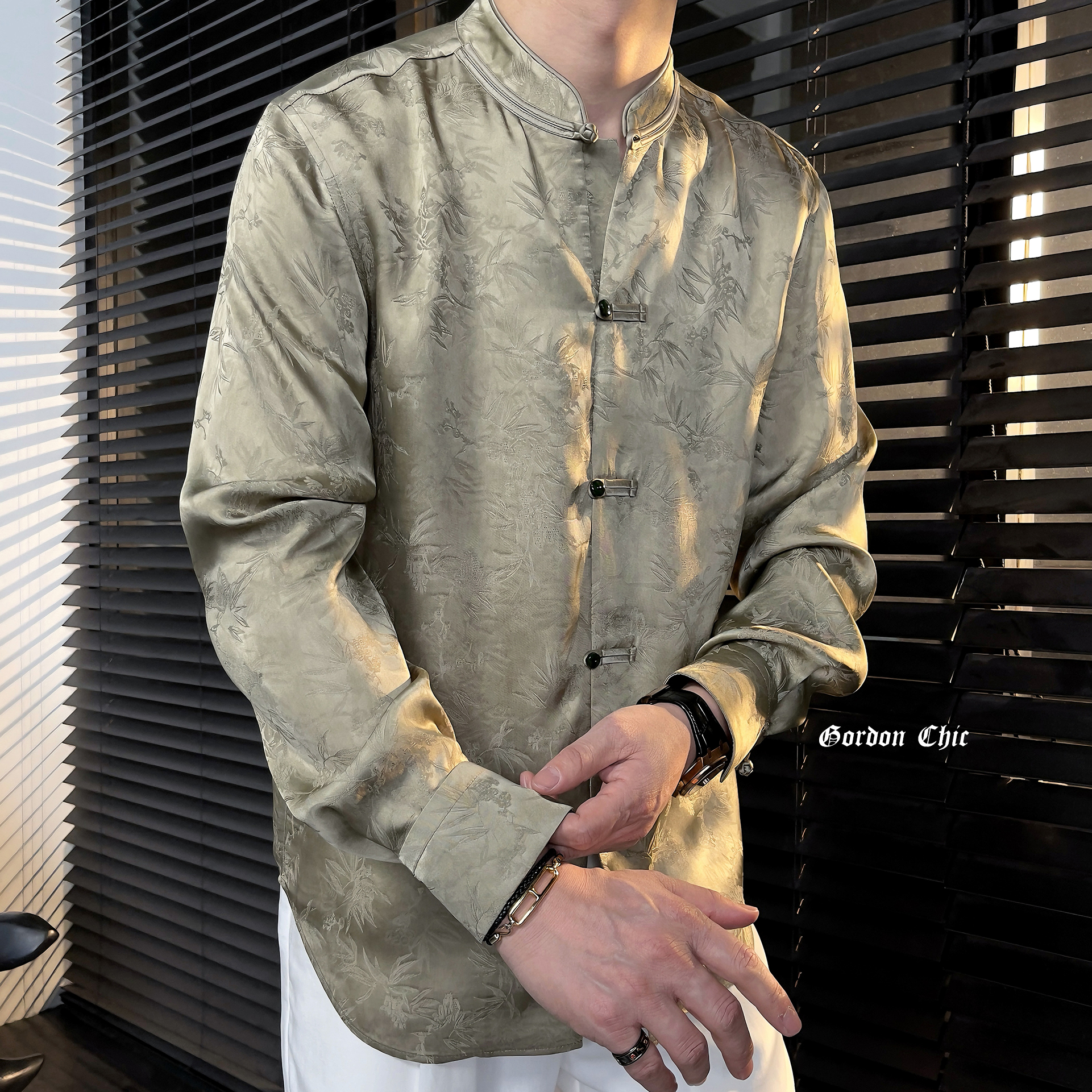 GordonChic 春季男士人丝新中式盘扣衬衫立领长袖上衣25025