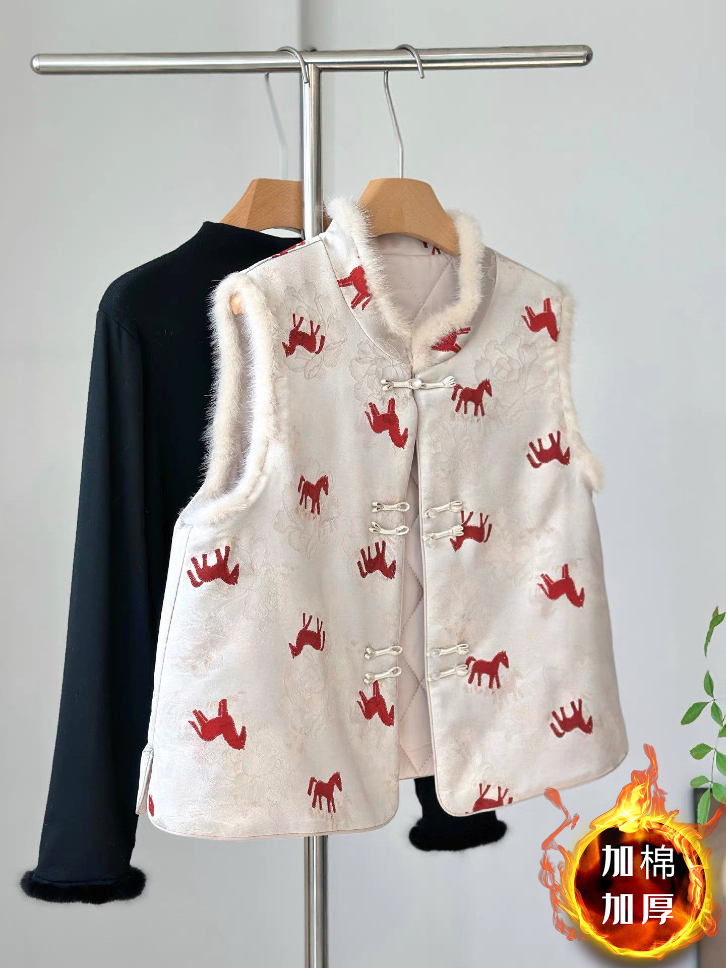 【加棉加厚】时尚减龄红色新中式毛毛拼接马甲秋冬夹棉加厚上衣女