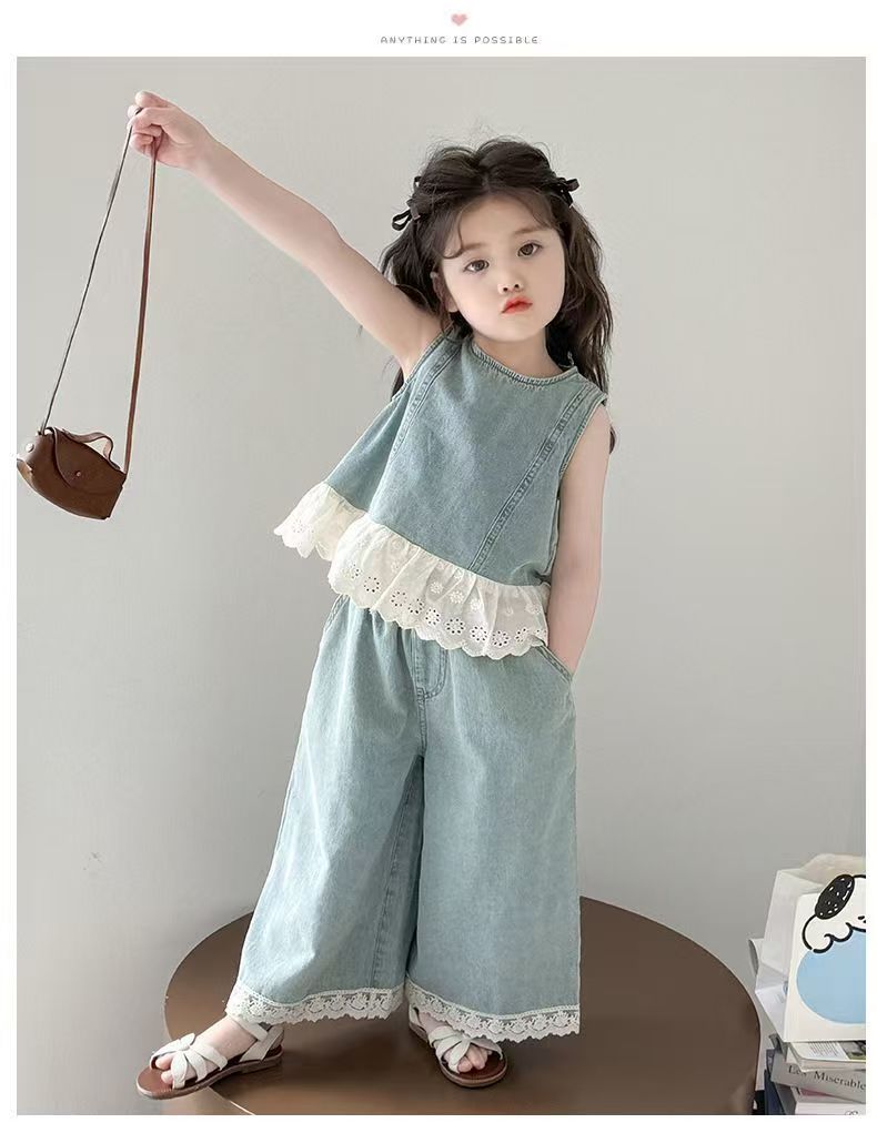 2025夏季套装女童休闲宽松牛仔背心阔腿裤套装时尚两件套亲子装