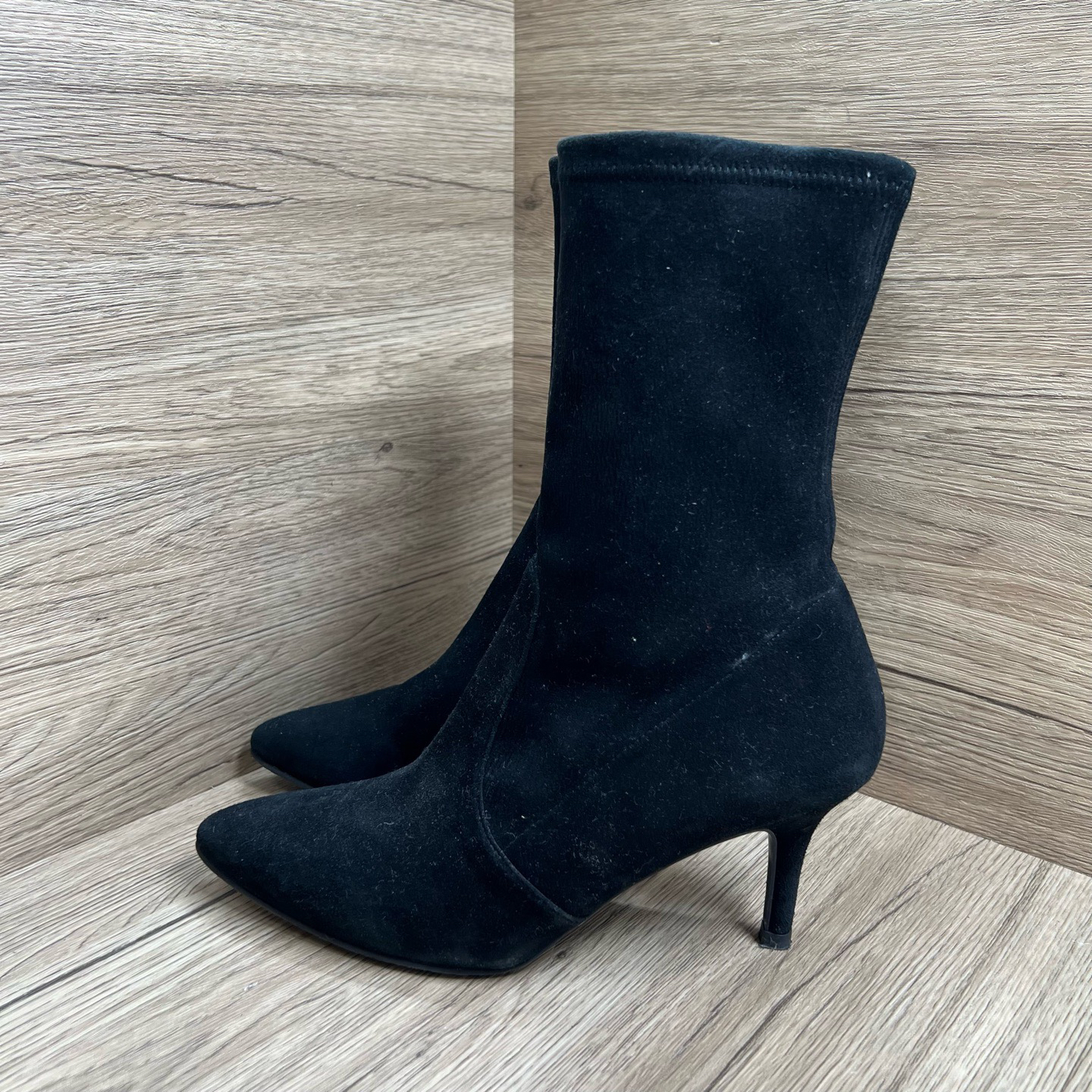 95新 StuartWeitzman SW 黑丝绒高跟袜靴 37码/98新