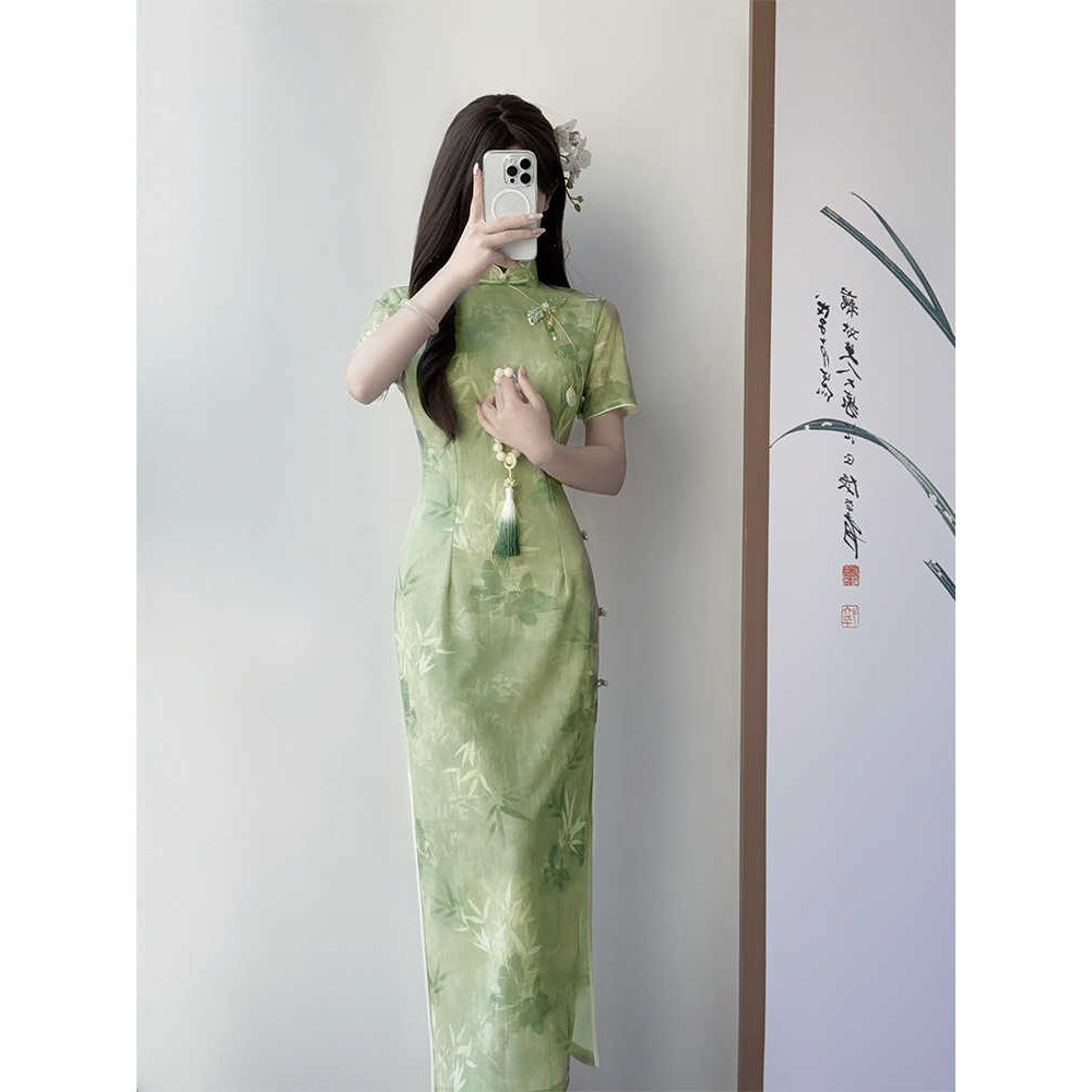 2025新款旗袍装一路绿灯绿色女夏季旗袍年轻款考送日常气质高考