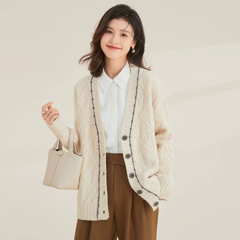 慵懒风宽松V领加厚绞花针织开衫女秋冬新款外套6894