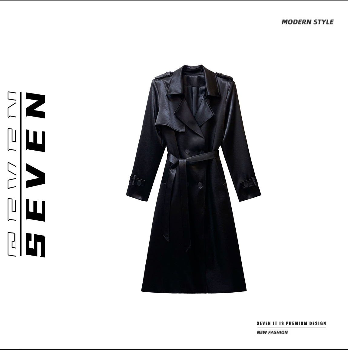 SEVEN【暗夜流光】轻奢高级感重磅醋酸缎丝滑流光收腰大衣外套