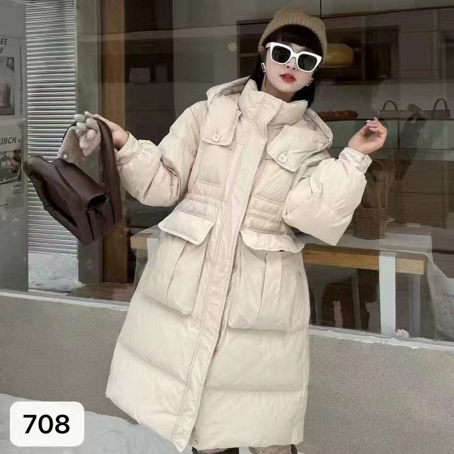【胖宝推荐】韩版羽绒服长款冬季新款宽松抽绳收腰白鸭绒外套707-2