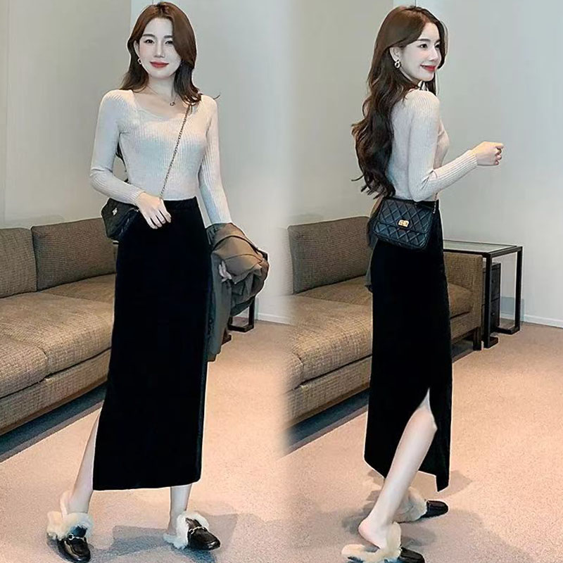 【运费补贴】丝绒长裙黑色ins风开叉女气质包臀裙外穿百搭半身裙