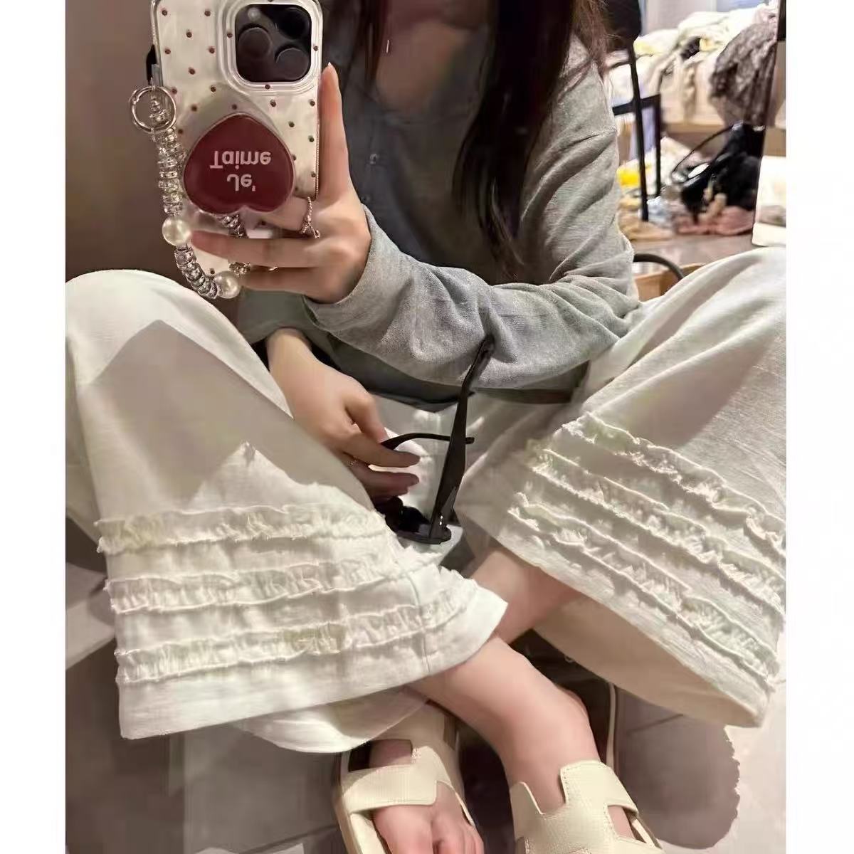 夏日时尚松弛感木耳花边裤女梨形身材百搭松紧高腰阔腿九分休闲裤