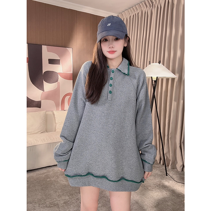 纯色时尚宽松卫衣女长袖新款潮流大码韩版百搭设计感翻领